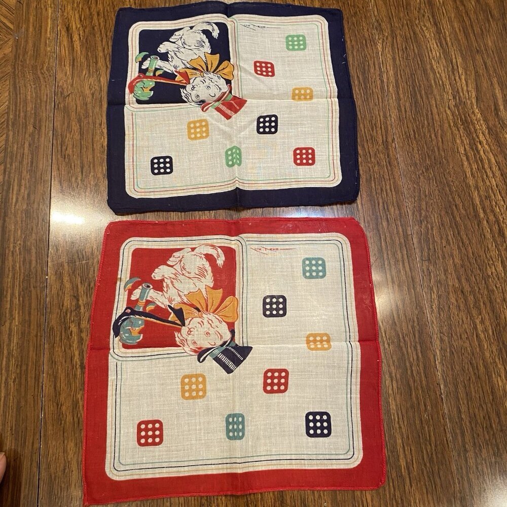 2 Vintage Tom Lamb Kids Hankies Dog Dice Red Blue Favorites 8 1/2" Square - Picture 5 of 8